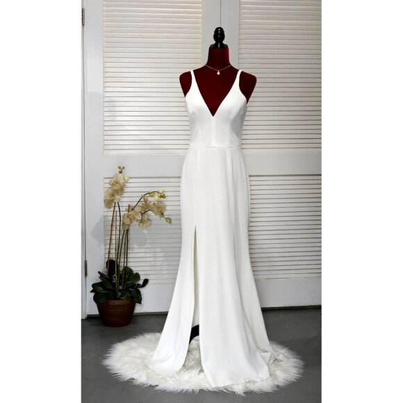 Dress the Population Iris Dress Crepe Off White  Ball Gown Slit  Sz M 153 - Picture 1 of 12